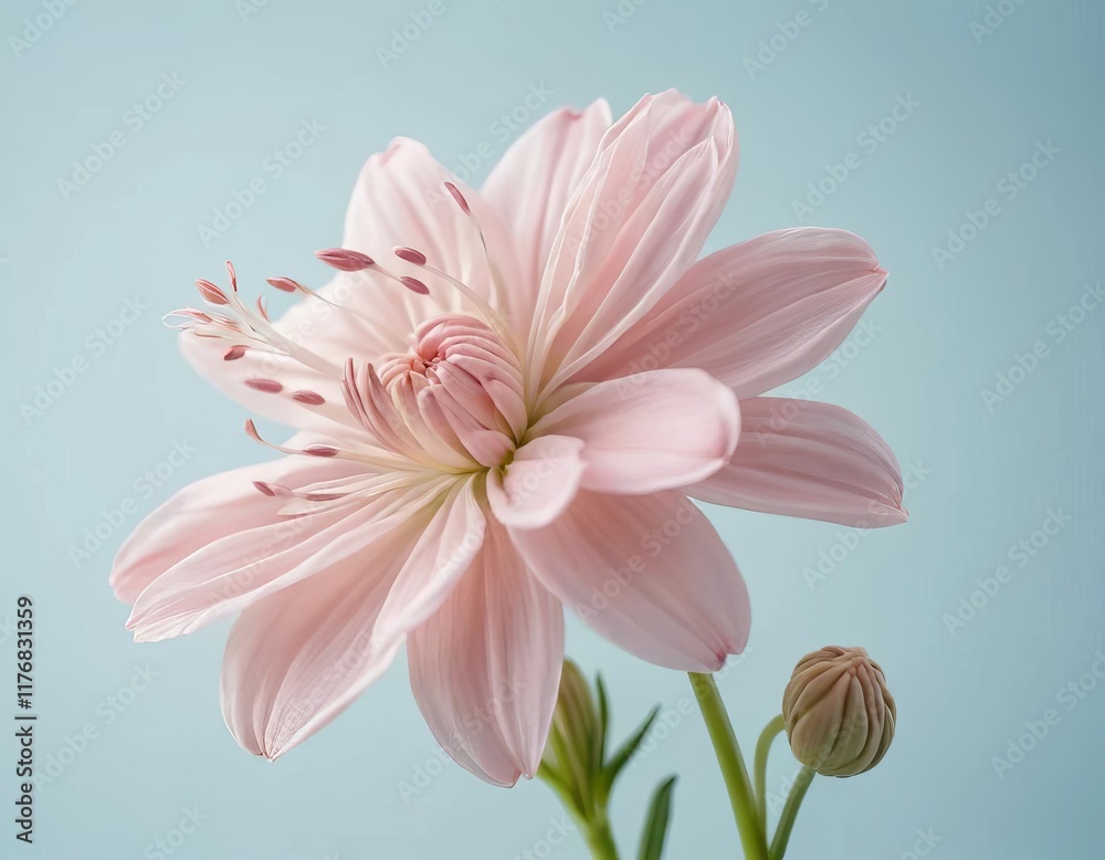 Fototapeta premium A close-up photo of a pink dahlia with a light blue background
