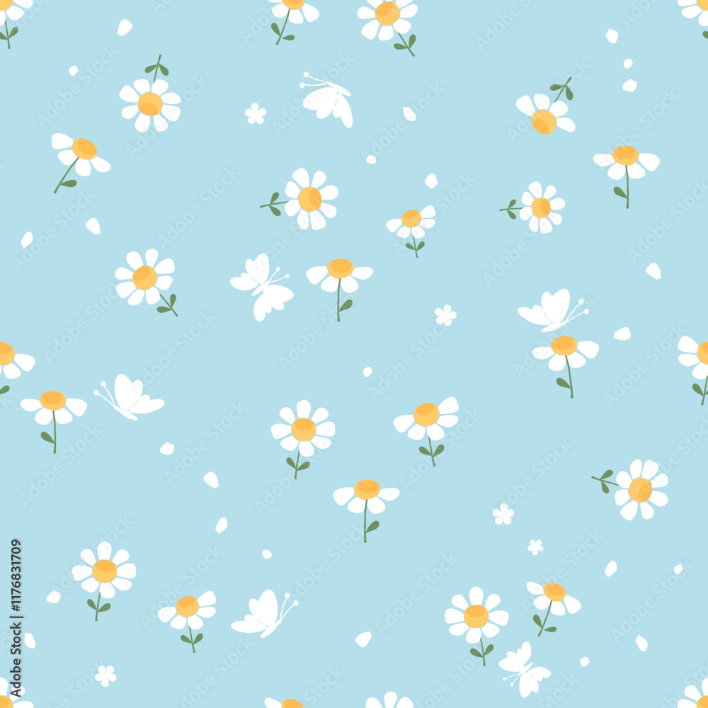 Seamless pattern with daisy chamomile flower, flying petals and butterflies on blue background vector. Seamless pattern with daisy chamomile flower, flying petals and butterflies on blue background vector.