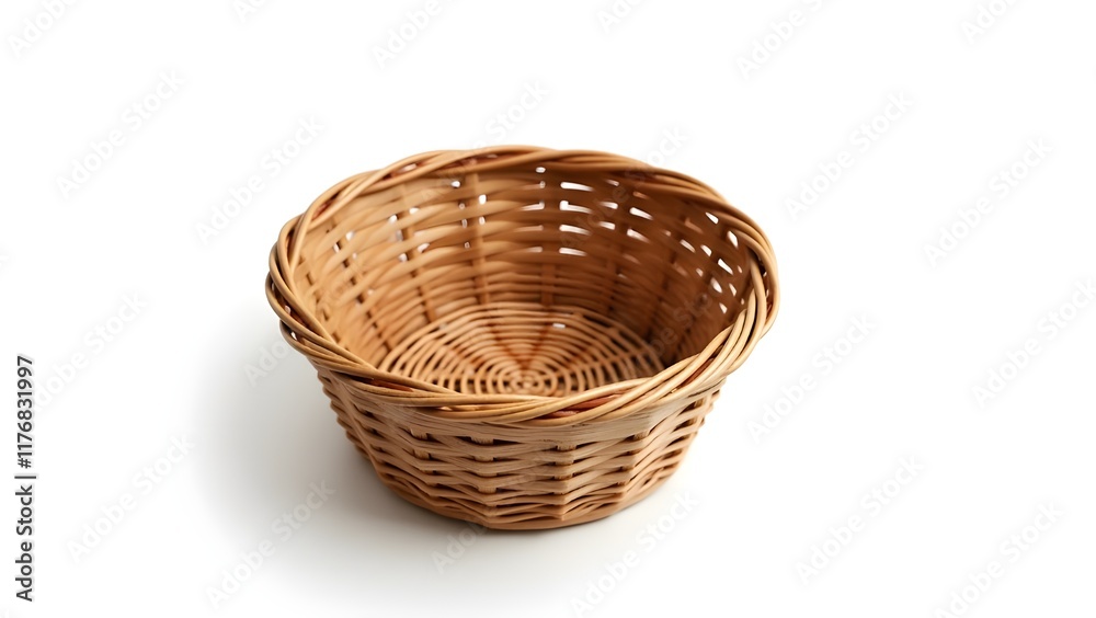 A wicker basket set on a pure white isolated background A wicker basket set on a pure white isolated background