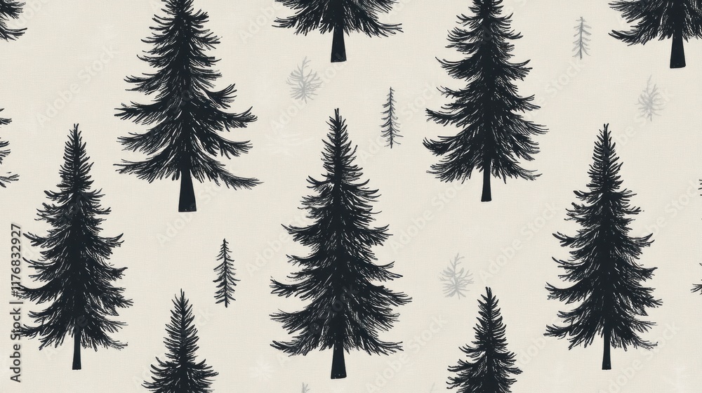 Obraz premium Seamless pattern of dark evergreen trees on a light beige background. (3)