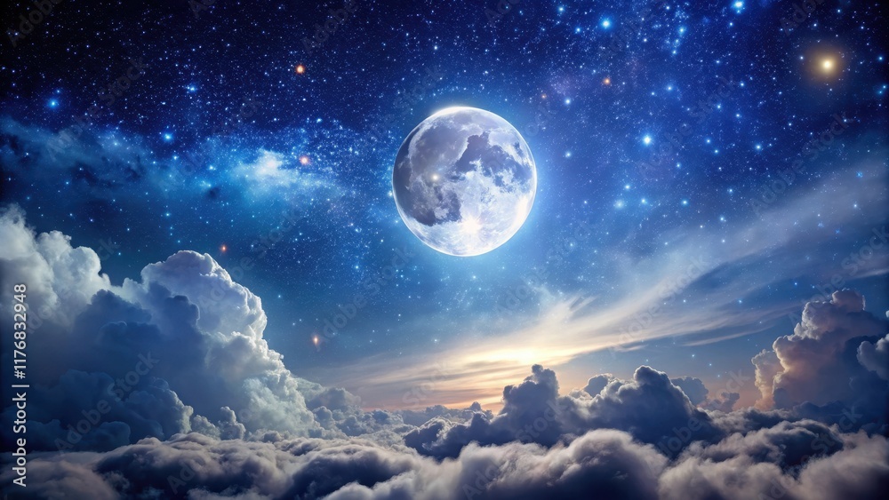 Fototapeta premium A serene night sky with a full moon and numerous stars, the moon is partially obscured by a wispy cloud, casting an ethereal glow on the scene, moon, celestial display