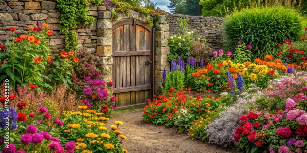 Obraz premium Colorful flowers in a garden with a stone wall and a old wooden gate, colors, garden path, colors, garden path, floral