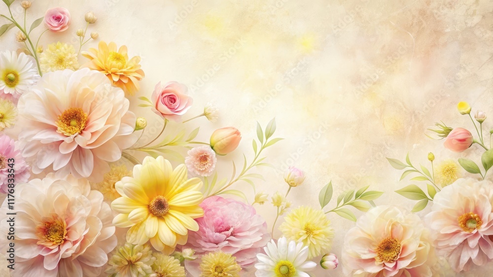 Obraz premium Pastel pink and yellow flowers arranged in a delicate floral pattern against a soft white background with subtle texture