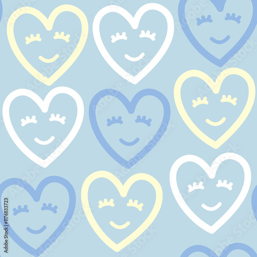 Happy Smile Face Heart Baby Soft Blue Seamless Pattern
