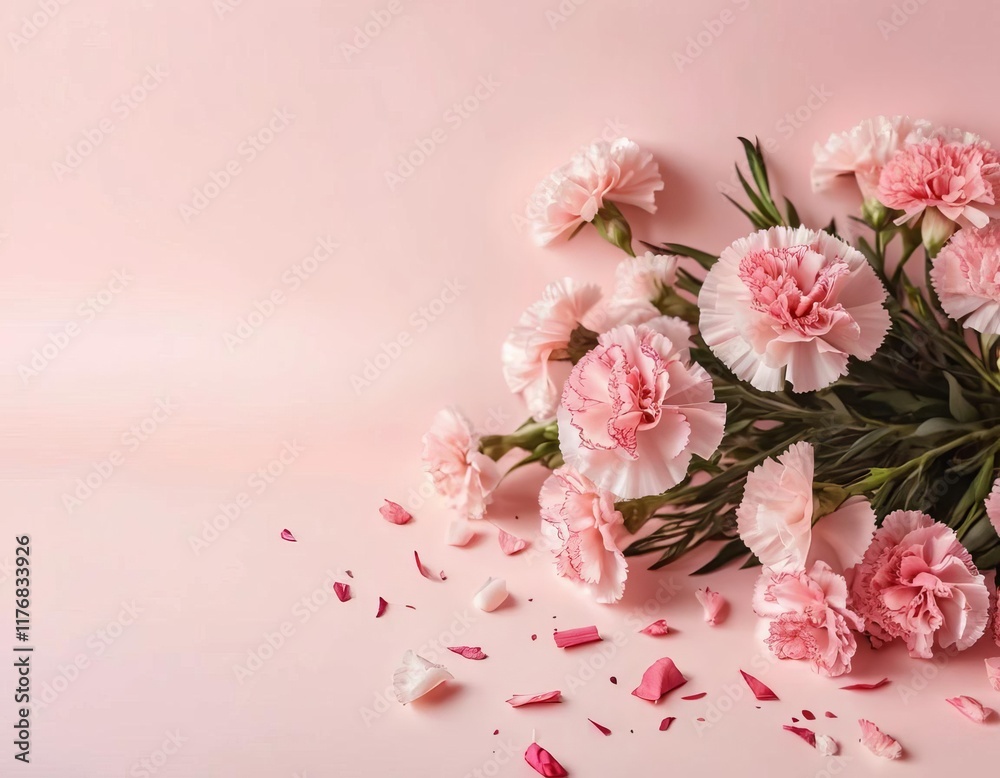 A bouquet of pink carnations on a pastel pink background