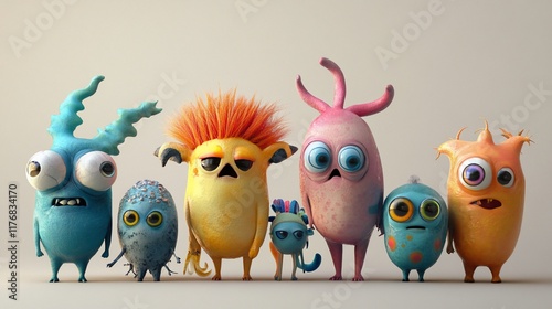Seven cute, colorful 3D cartoon monsters.