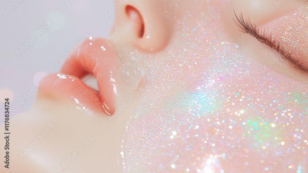 Fototapeta premium close up of face adorned with shimmering glitter and glossy finish, showcasing radiant skin and soft lips. sparkling effect creates dreamy and ethereal atmosphere
