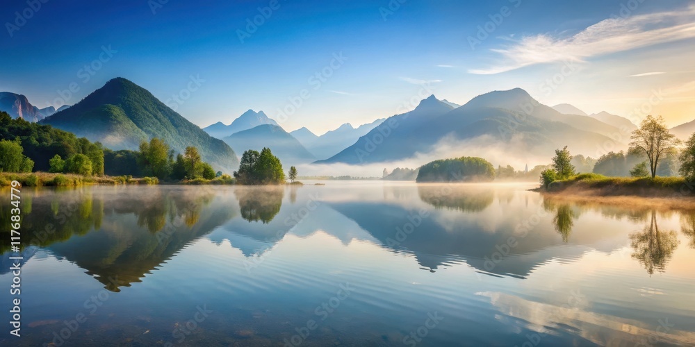 Naklejka premium Serene landscape with misty mountains and a tranquil lake, tranquility, mountains