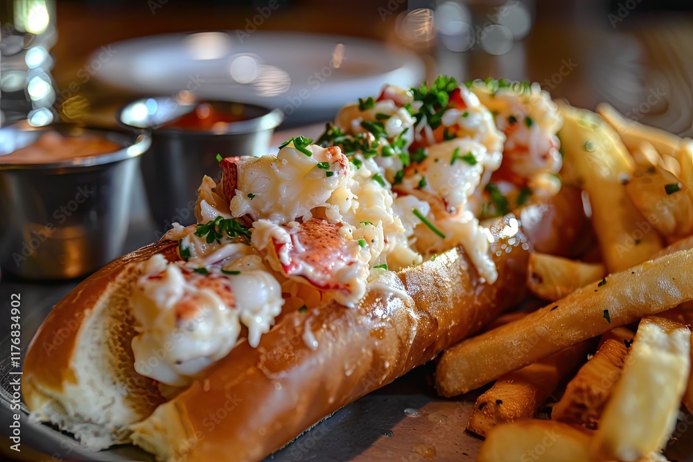 Lobster roll on a loaded buttered bun Lobster roll on a loaded buttered bun
