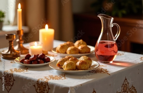 A beautifully set Iftar table with plates of samosas, dates, lentil soup, and a tall jug of rose water photo