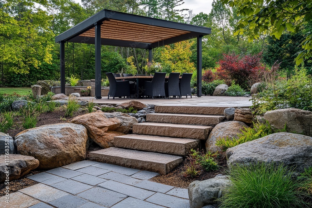 Outdoor dining area with stone pavers on flat rectangular boulders in the backyard of a home in Prince Edward Island, captured in photorealistic style. Outdoor dining area with stone pavers on flat rectangular boulders in the backyard of a home in Prince Edward Island, captured in photorealistic style.