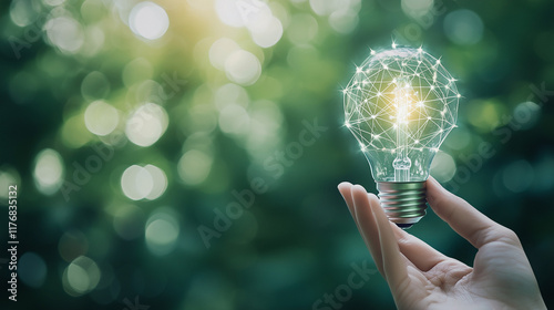 Green Lightbulb:  A hand ho...