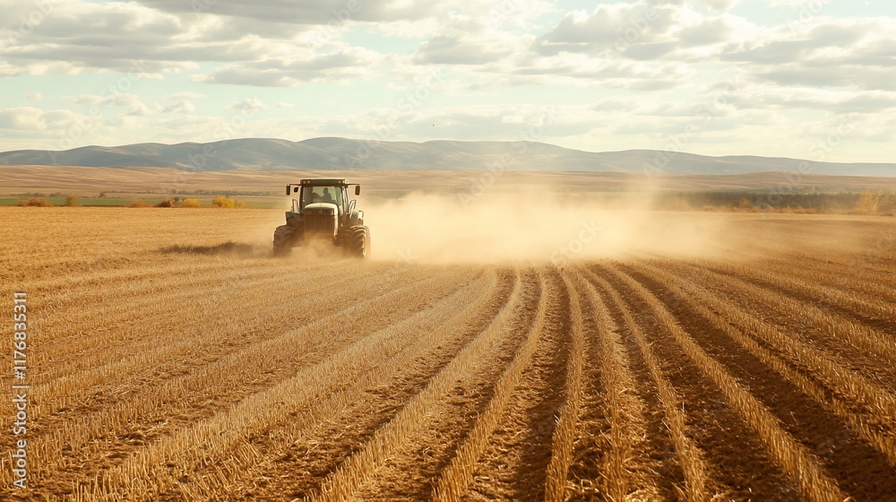 Fototapeta premium Tractor plowing a dry field, dust rising.