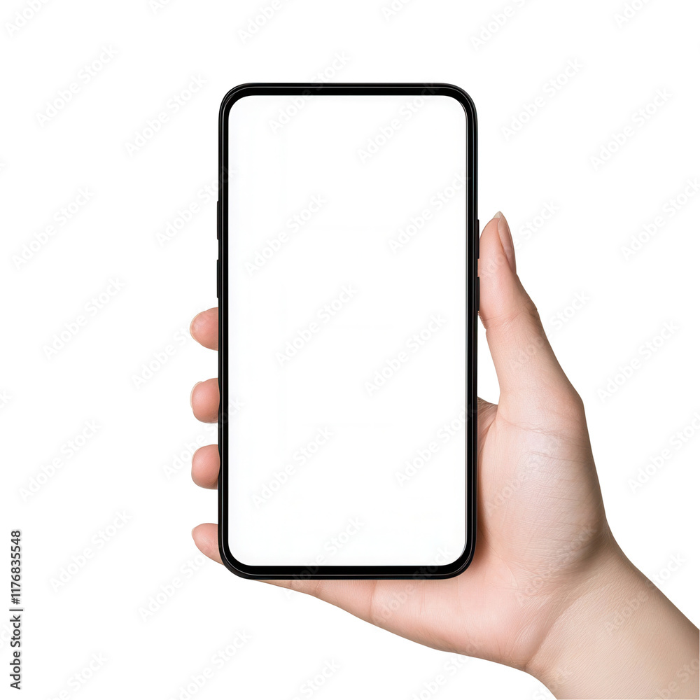 Hand holding smartphone with transparent background digital mockup minimalist design studio environment