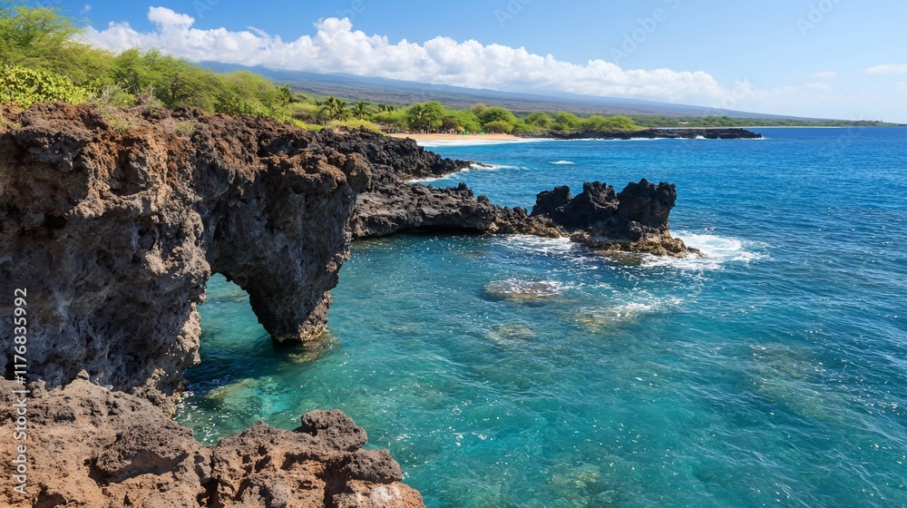 Volcanic rock arch, ocean waves, Maui beach, sunny day, travel Volcanic rock arch, ocean waves, Maui beach, sunny day, travel