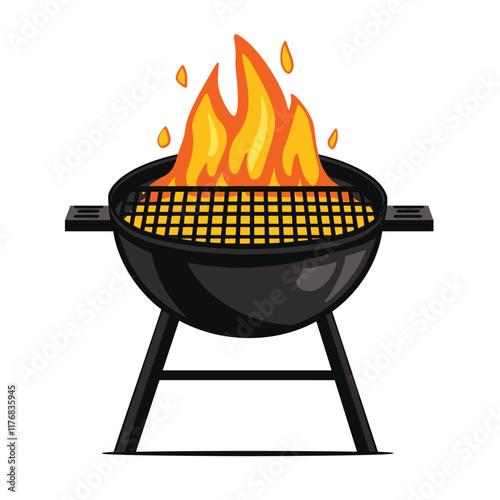 Black charcoal grill with bright flames on a round base.