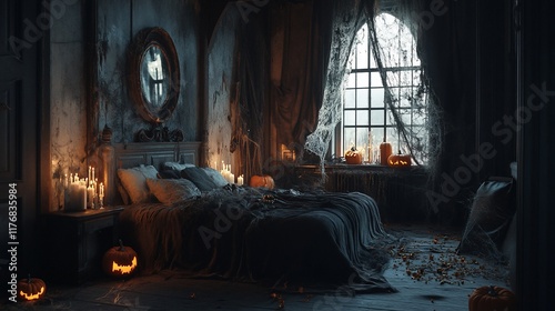 Spooky Halloween bedroom with candles, pumpkins, and dark decor.