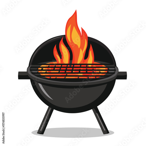 Black charcoal grill with bright flames on a round base.
