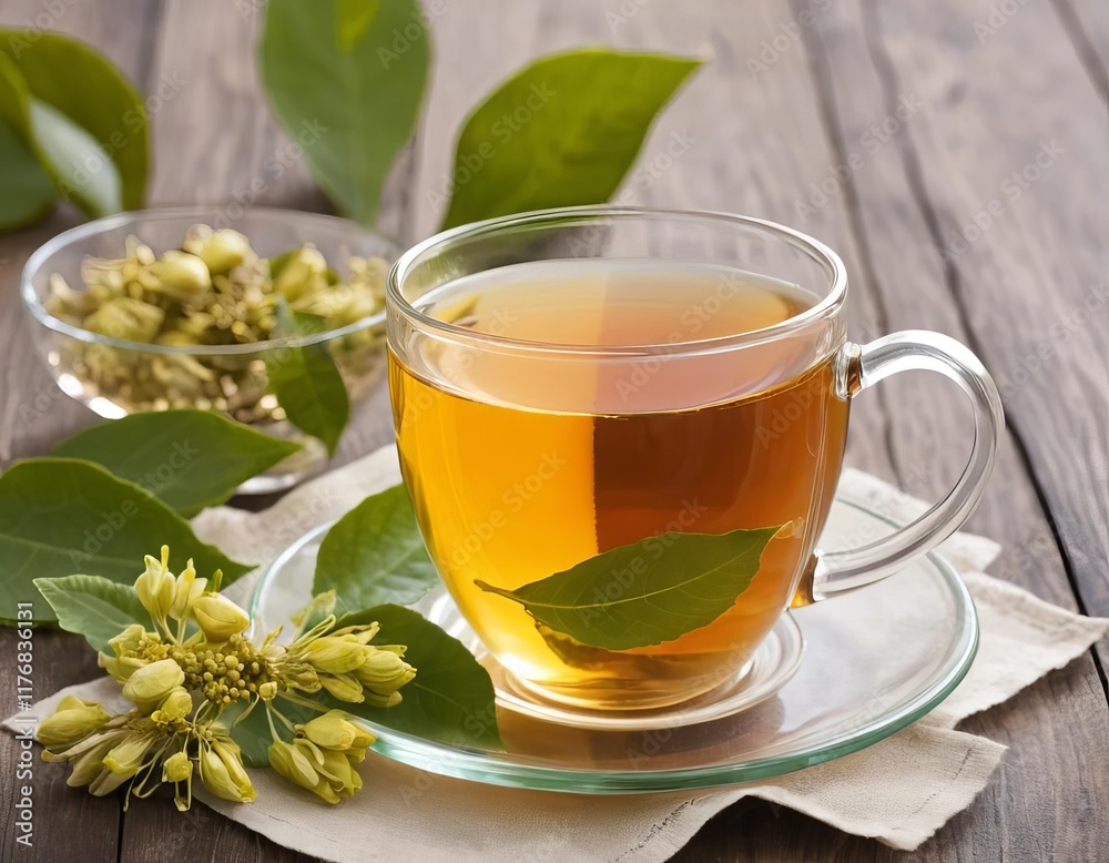 A cup of tea with linden flowers in it A cup of tea with linden flowers in it