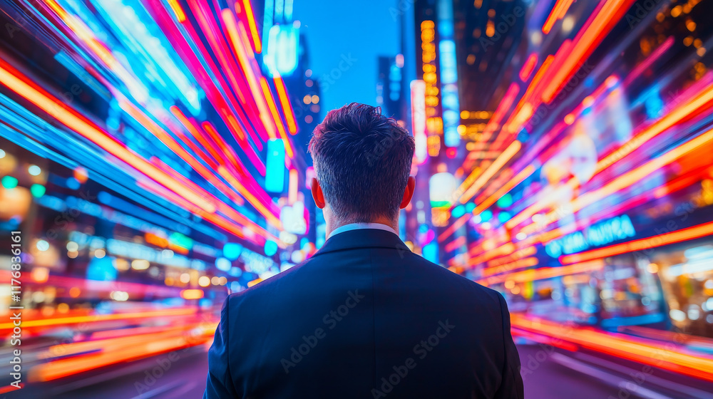 Fototapeta premium man in suit stands in vibrant cityscape, surrounded by colorful lights and motion blur, evoking sense of energy and excitement
