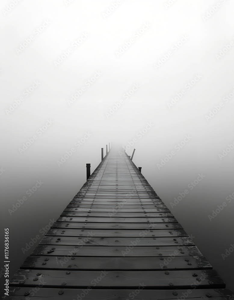 Obraz premium A long wooden pier stretches into a dense fog, disappearing into the hazy distance. The scene is monochromatic, creating a mysterious and serene atmosphere.