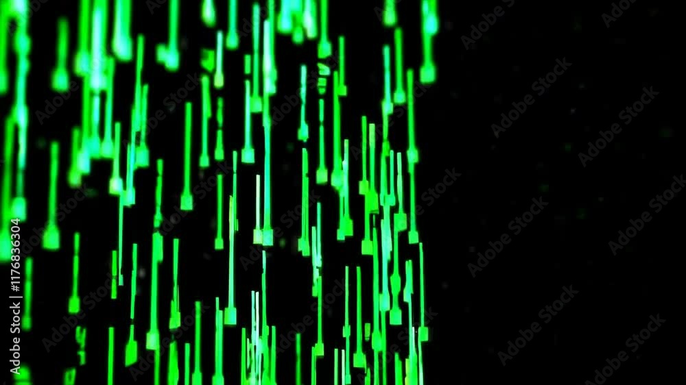 Neon green digital rain effect on black background. Abstract vertical light lines animation. Futuristic matrix style visual effect for technology, sci-fi, and cyberpunk concepts 