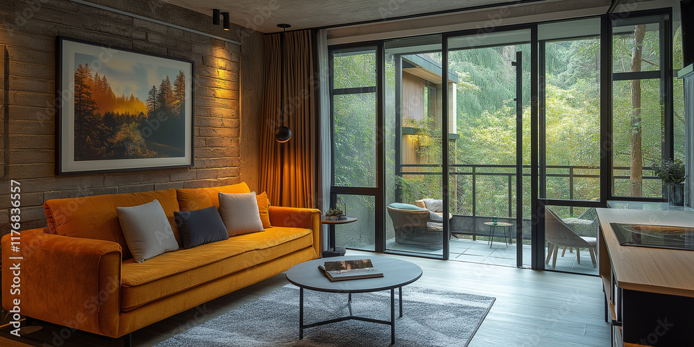 Fototapeta premium Cozy modern living room with stunning views serene natural surroundings interior design inspiration contemporary aesthetics warm and inviting atmosphere