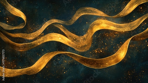 A conceptual design of flowing golden ribbons twisting through a dark, ethereal void, symbolizing the passage of time. Each ribbon glows faintly, creating a luminous, premium aesthetic. 