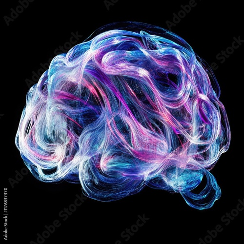 An abstract digital rendering of a human brain formed by intertwining luminous wires, glowing softly in shades of blue, purple, and white
