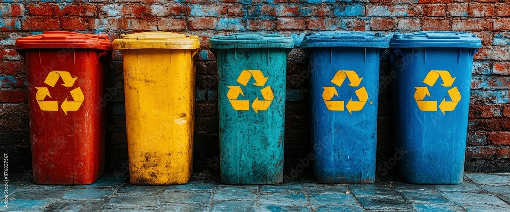 Fototapeta premium Colorful Recycling Bins Against Brick Wall
