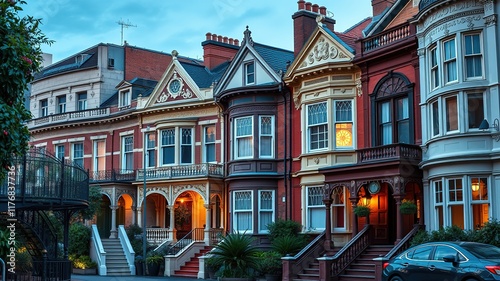 Historic Paddington Terraced Houses Sydney Australia AI Photo, Architectural Photography, Vibrant Colors, Bright Lighting, Detailed, High Quality photo