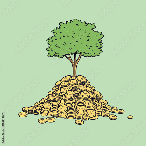 Tree on a mound of gold coins, illustrated in a cartoon style.