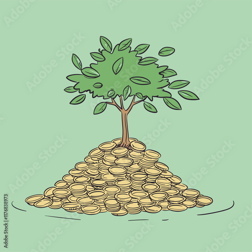 Tree on a mound of gold coins, illustrated in a cartoon style.