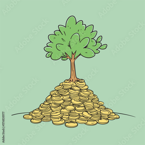 Tree on a mound of gold coins, illustrated in a cartoon style.
