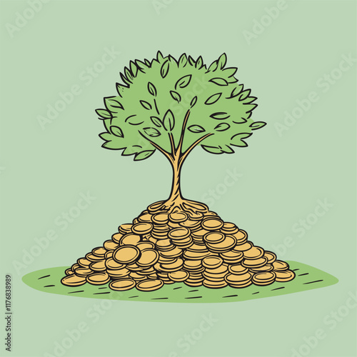 Tree on a mound of gold coins, illustrated in a cartoon style.