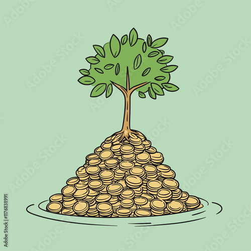 Tree on a mound of gold coins, illustrated in a cartoon style.