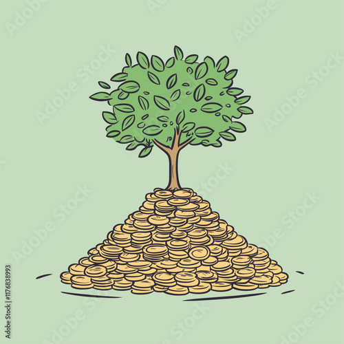 Tree on a mound of gold coins, illustrated in a cartoon style.