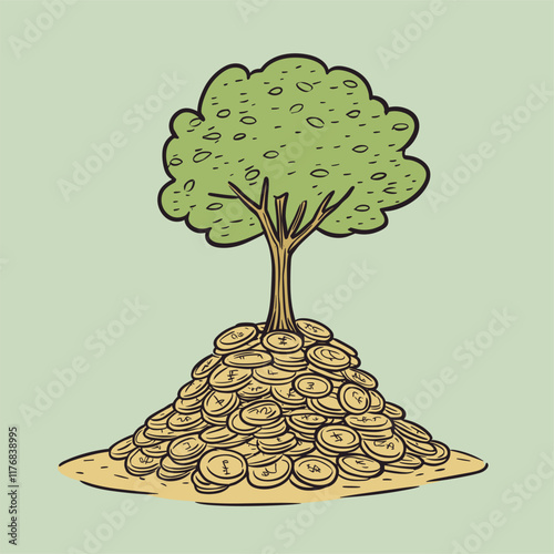 Tree on a mound of gold coins, illustrated in a cartoon style.