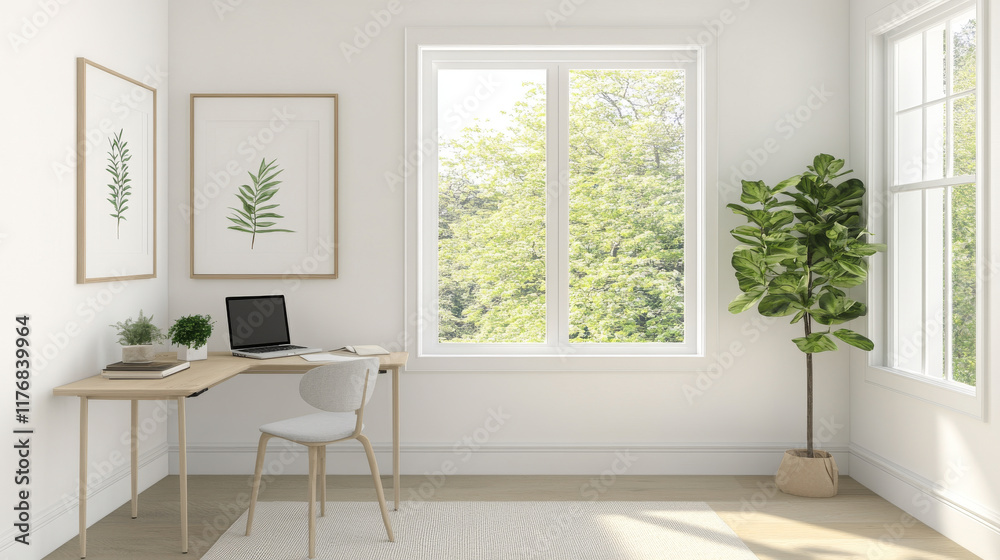 Fototapeta premium modern home office featuring minimalist desk, laptop, and indoor plant. bright space is enhanced by natural light from large windows, creating serene atmosphere