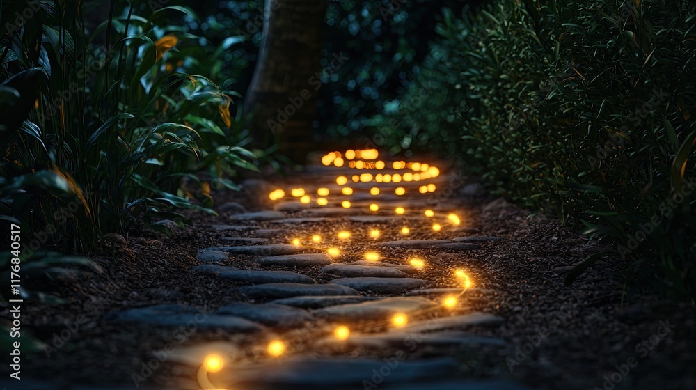 A serene, illuminated pathway lined with glowing lights, surrounded by lush greenery, creating a magical and inviting atmosphere in nature. A serene, illuminated pathway lined with glowing lights, surrounded by lush greenery, creating a magical and inviting atmosphere in nature.