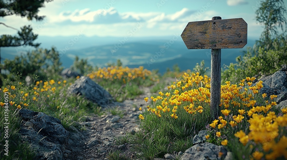 Mountain path with blank sign, wildflowers, valley view. Mountain path with blank sign, wildflowers, valley view.