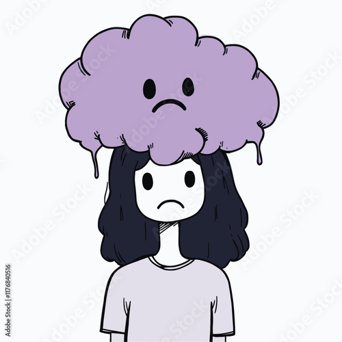 Cartoon person with sad face cloud overhead.
