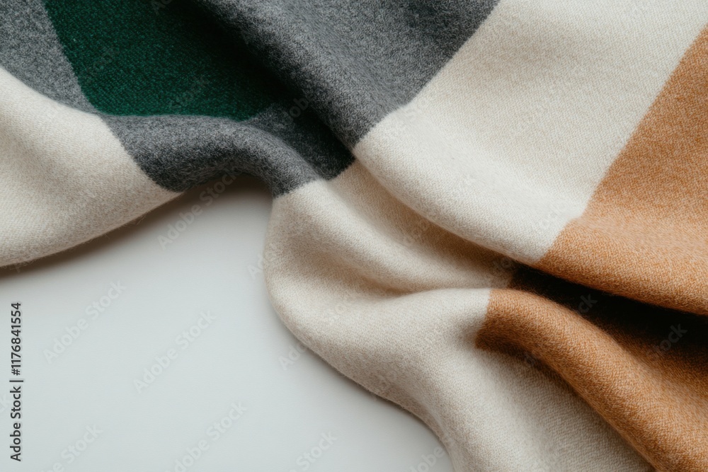 Fototapeta premium Soft merino wool blanket with green, grey, beige and brown stripes draped on white background