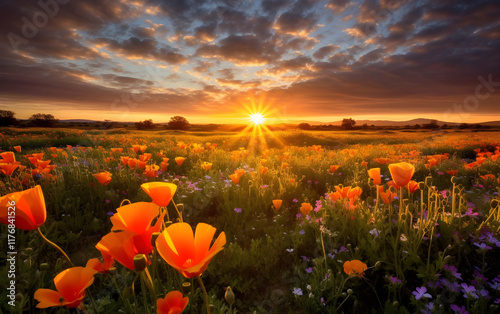 Vibrant wildflowers glowing under a golden sunset