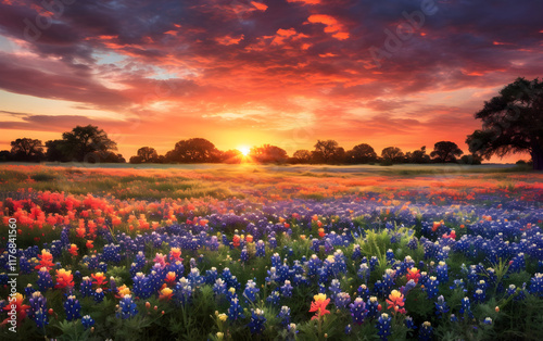 Vibrant wildflowers glowing under a golden sunset
