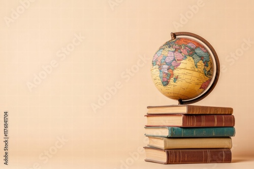 Classic globe on top of stacked travel guidebooks for wanderlust inspiration and planning adventures. Generative AI photo