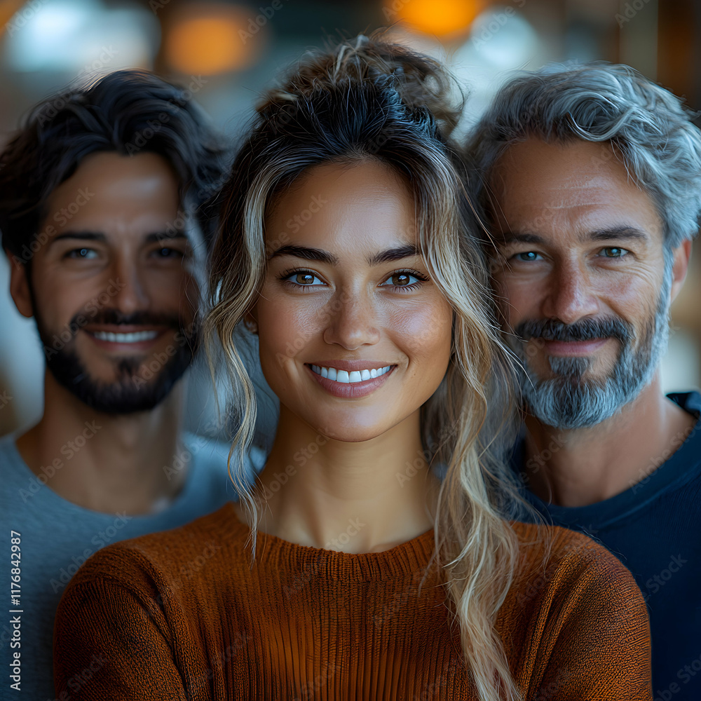 A confident and smiling businesswoman with long curly hair standing in front of her supportive team in a professional environment, exuding leadership and success A confident and smiling businesswoman with long curly hair standing in front of her supportive team in a professional environment, exuding leadership and success