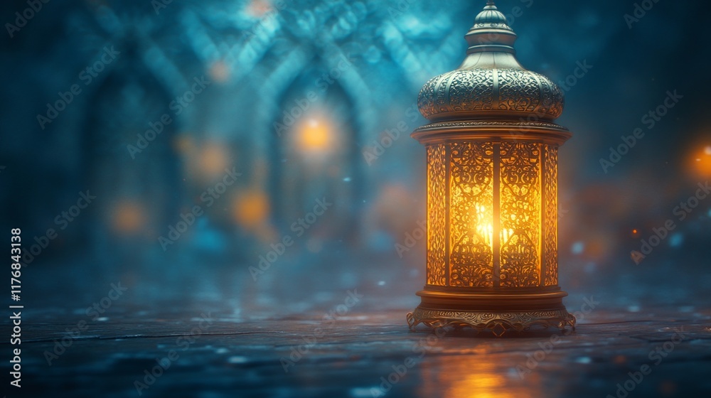 Golden Arabic Lantern with Intricate Patterns Glowing on a Reflective Surface, Mosque Architecture in the Background, Symbolizing Ramadan
Golden Arabic Lantern with Intricate Patterns Glowing on a Reflective Surface, Mosque Architecture in the Background, Symbolizing Ramadan