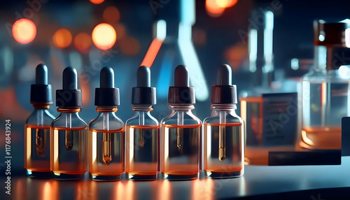 A close-up of multiple amber glass vials with dropper caps, set against a blurred laboratory background. Warm orange-toned lighting casts a dramatic glow on the vials, pharmaceutical industry .