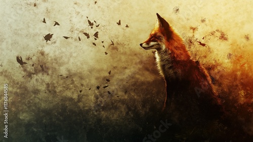 A fox is standing in a field with birds flying around it